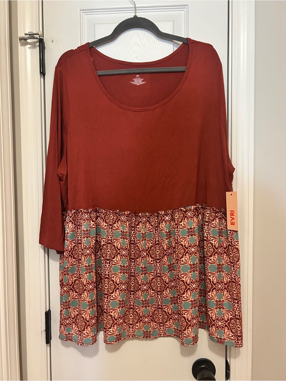 EVRI Rust Red Scoop Neck Tunic with Teal and Cream Mosaic Print